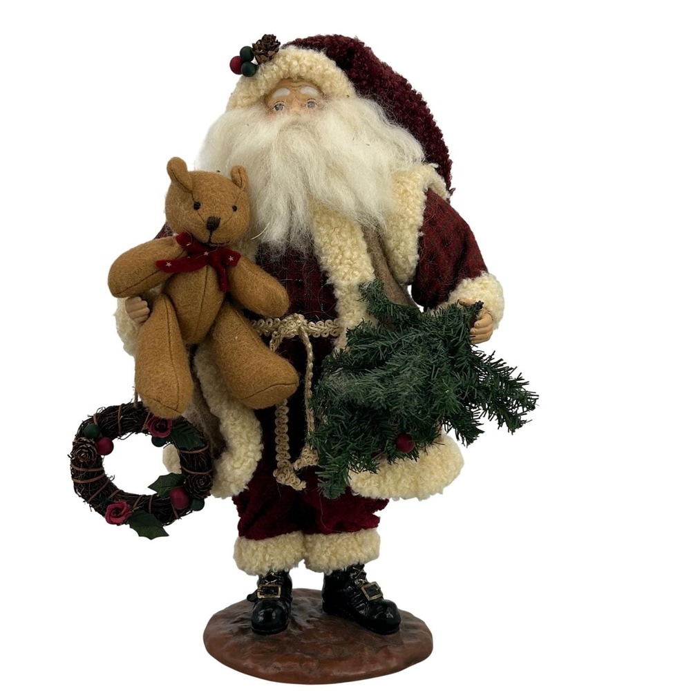 Vintage Santa Figurine Adult Burgundy Plaid Sherpa Rustic‎ Old World Decor